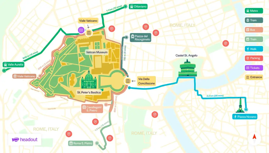 Map to reach Vatican Museums Outline map to reach the Vatican Museums